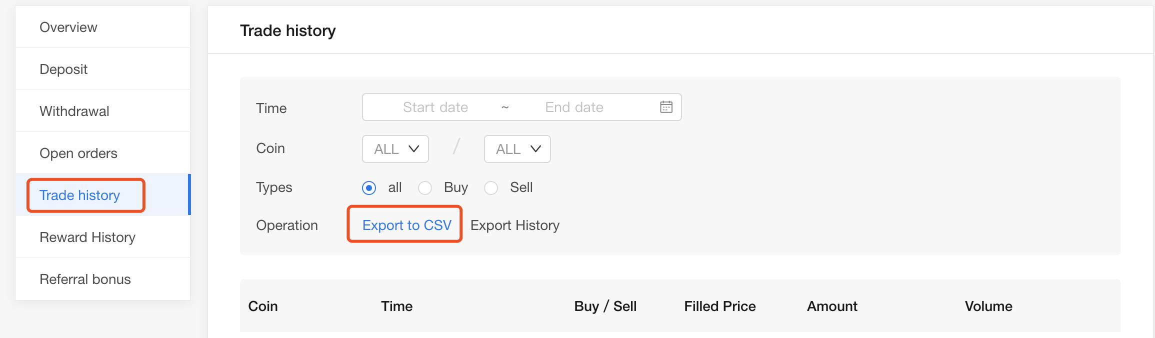 KuCoin Transaction History Cryptocurrency Coin Token Sell Buy All CSV File Download Potal Menu