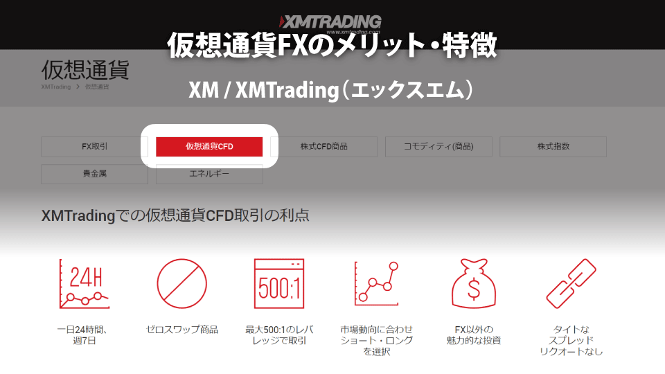 海外FX業者 XM / XMTrading（エックスエム）の仮想通貨FXの特徴とメリットです。