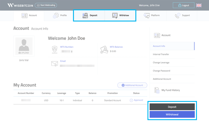 wisebitcoin client portal Mypage screen deposit withdrawal