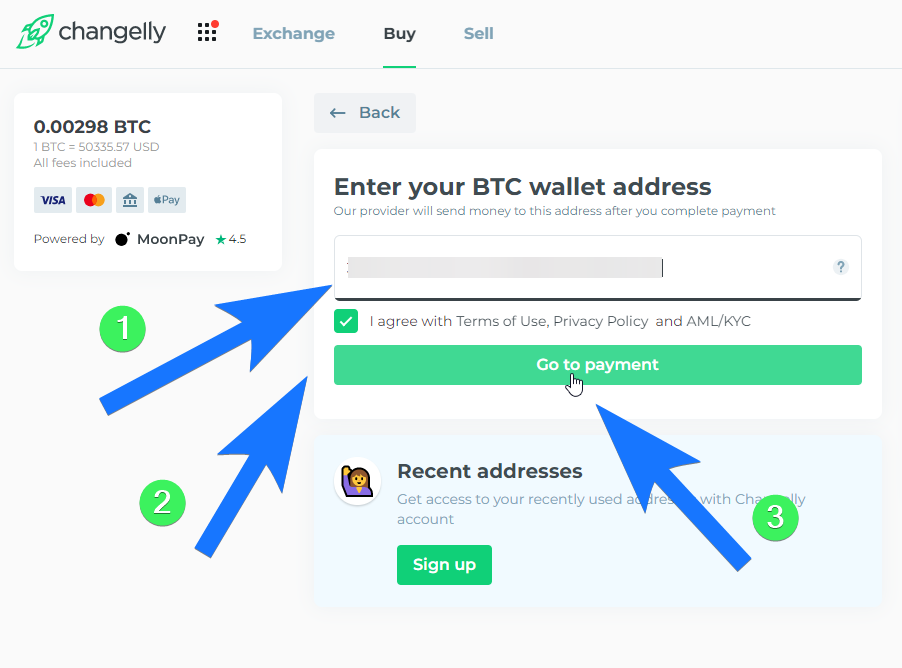 Paste the BTC wallet address you copied from PrimeBit (1), check and tick the T&Cs (2), and click the “Go to payment” button (3).