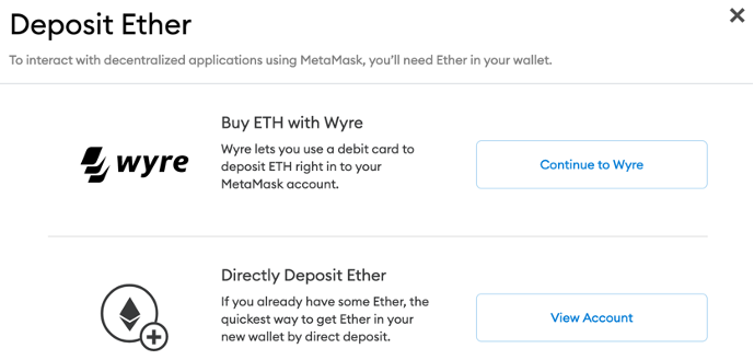 The buy option allows you to buy Ether (ETH) or import Ether from another wallet.