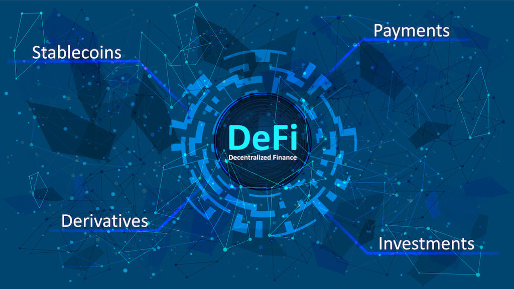 Defi - decentralized finance in a digital circle on dark blue abstract polygonal background. An ecosystem of financial applications and services based on public blockchains. Vector EPS 10.