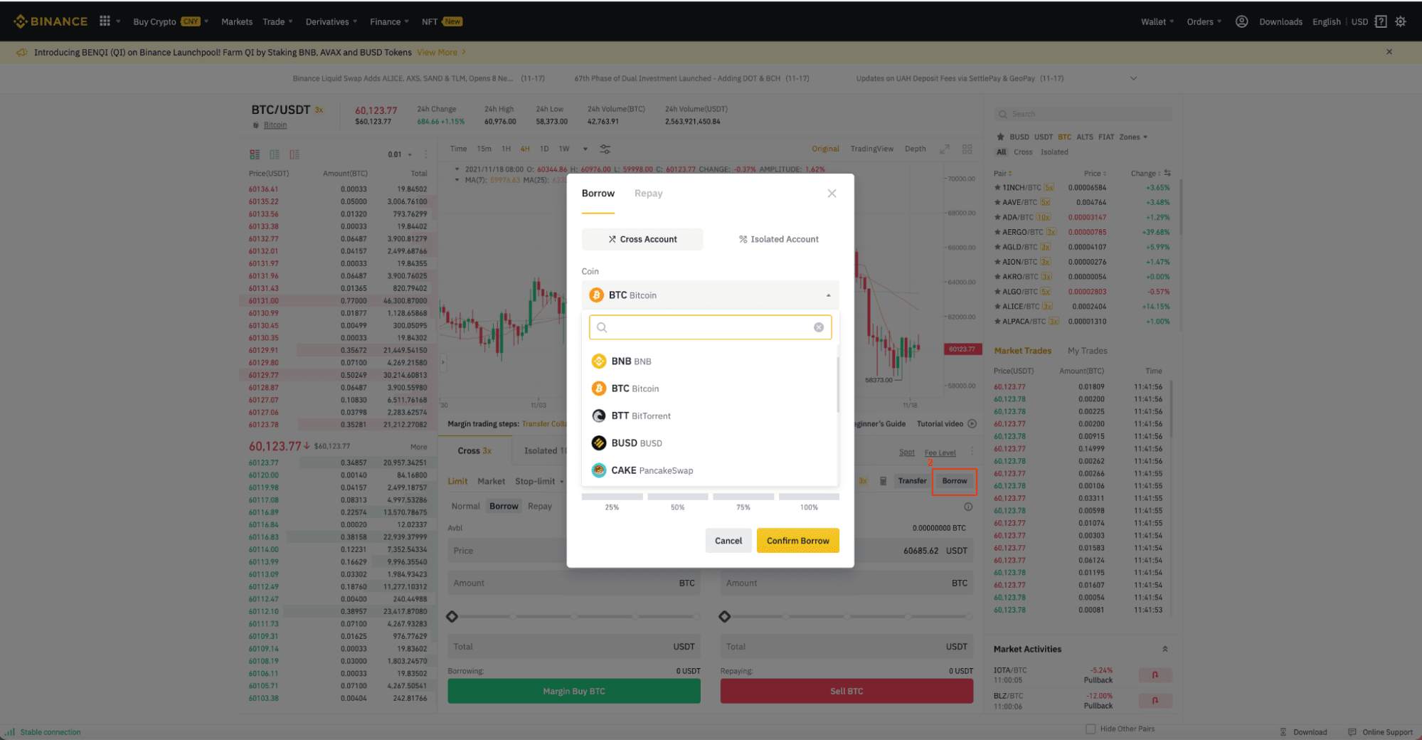 Click [Margin] and choose the crypto you want to borrow, then click [Confirm Borrow].