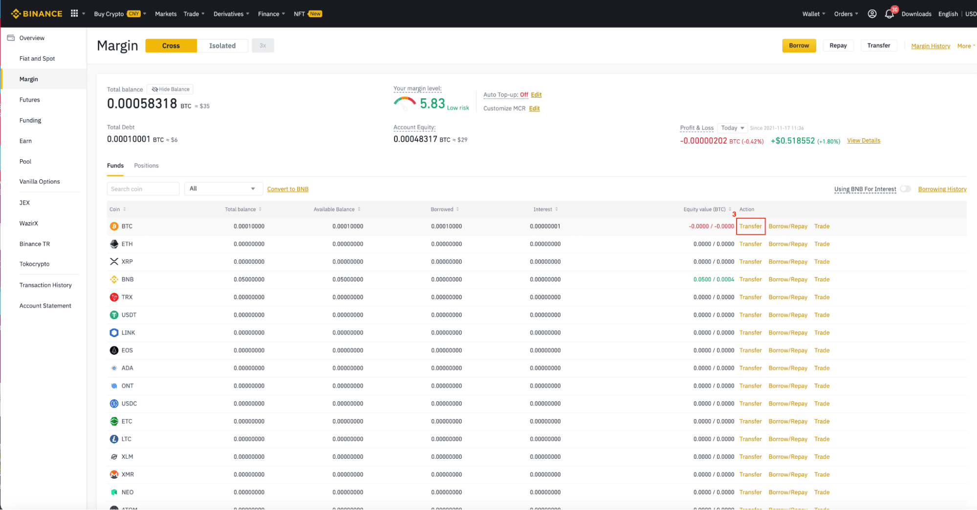 Go to your [Wallet], click [Margin], and then [Transfer].