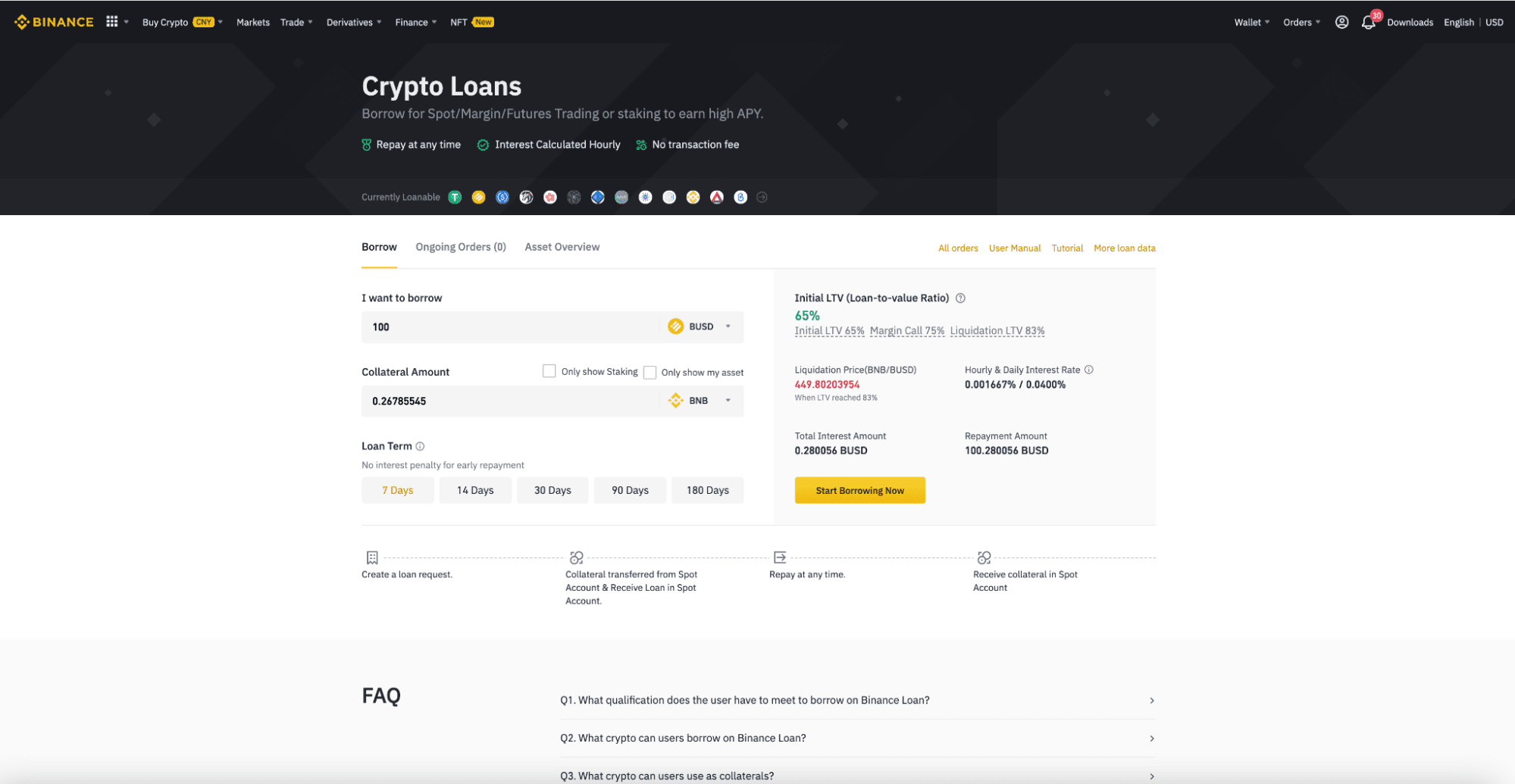 How to borrow crypto on Loans via Binance Web