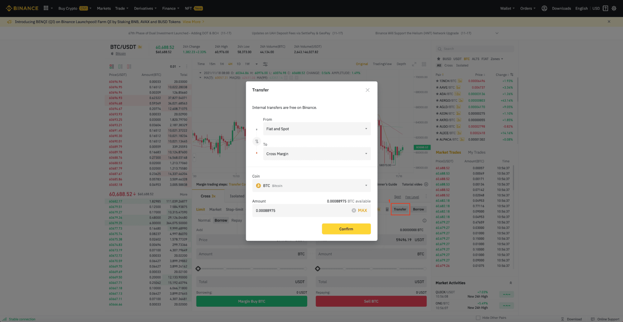 Transfer your chosen crypto collateral from [Fiat And Spot] to [Margin Cross].