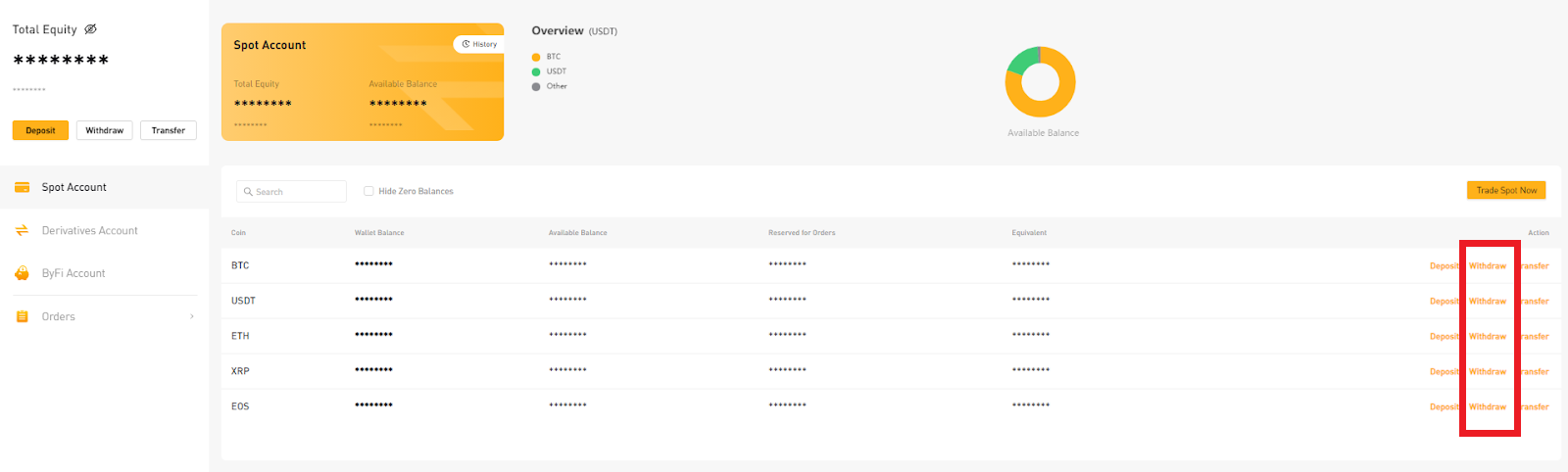 Step 2 Select the currency you want to withdraw and click the Withdraw button.