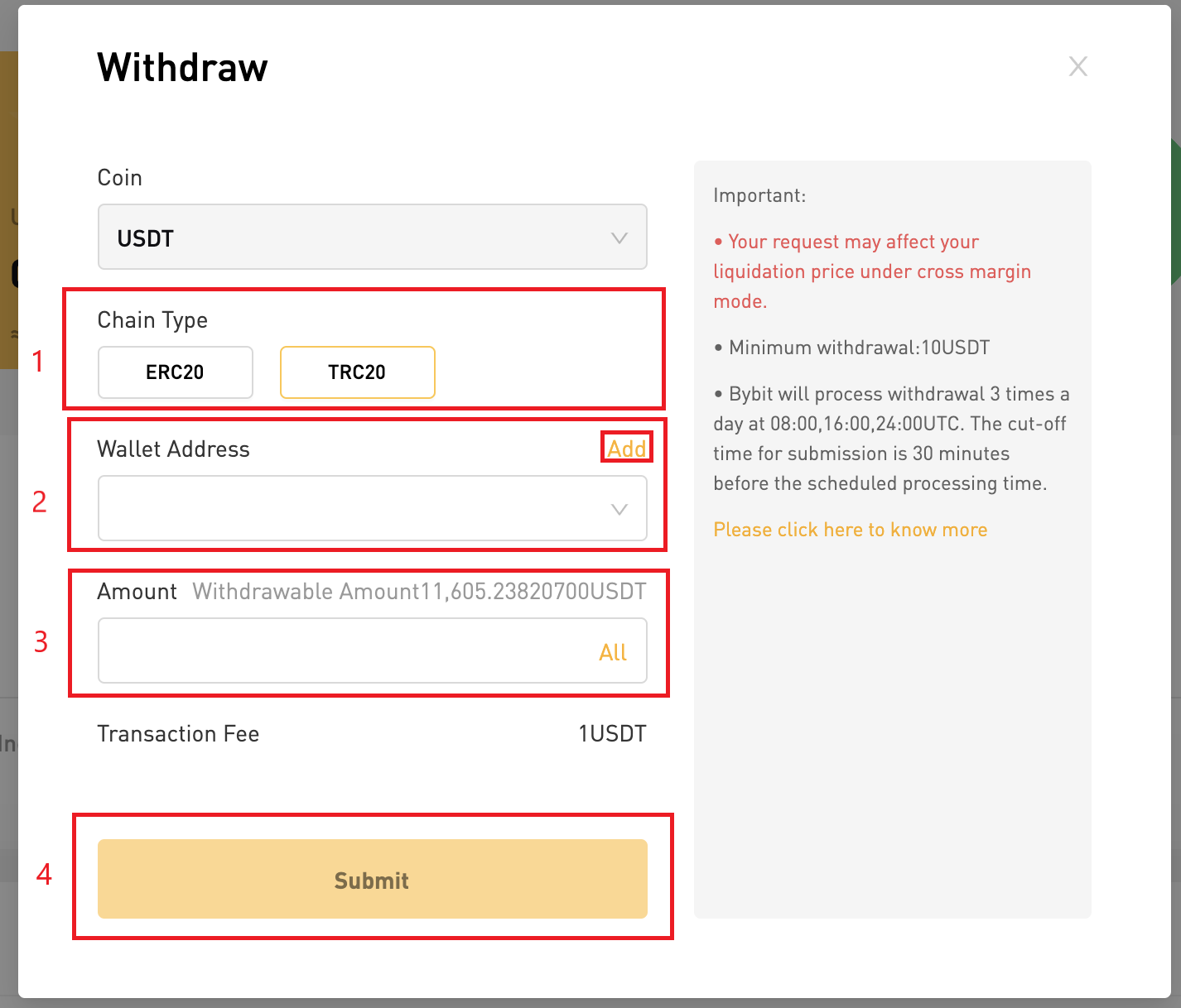 Step 3 Select the blockchain you want to use. Click Wallet Address and select the specified withdrawal wallet address. Enter the withdrawal amount or click All to withdraw the full amount.