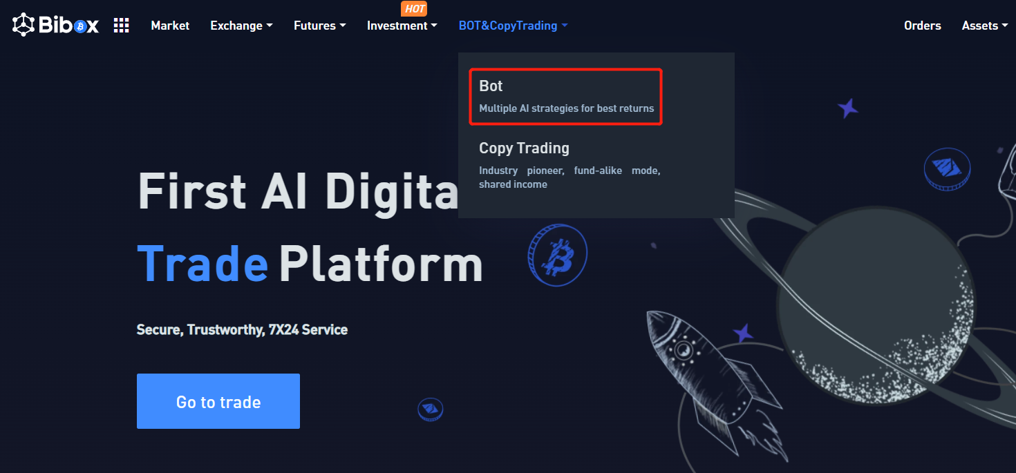 1.Enter Bibox official website, click BOT&Copy Trading-Bot at the top of homepage.