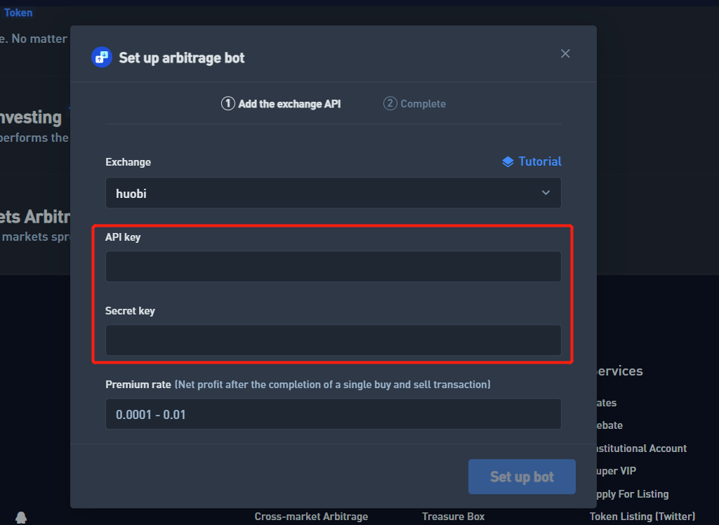 4) Enter the Access Key and Secret Key in Bibox cross markets arbitrage setting. Click “Set up bot” to complete.