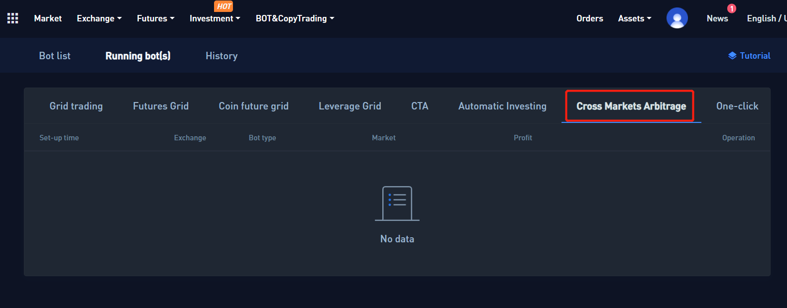 After the Cross Markets Arbitrage is running, you can see the details of the currently running Cross Markets Arbitrage in Running bot(s) Cross Markets Arbitrage.