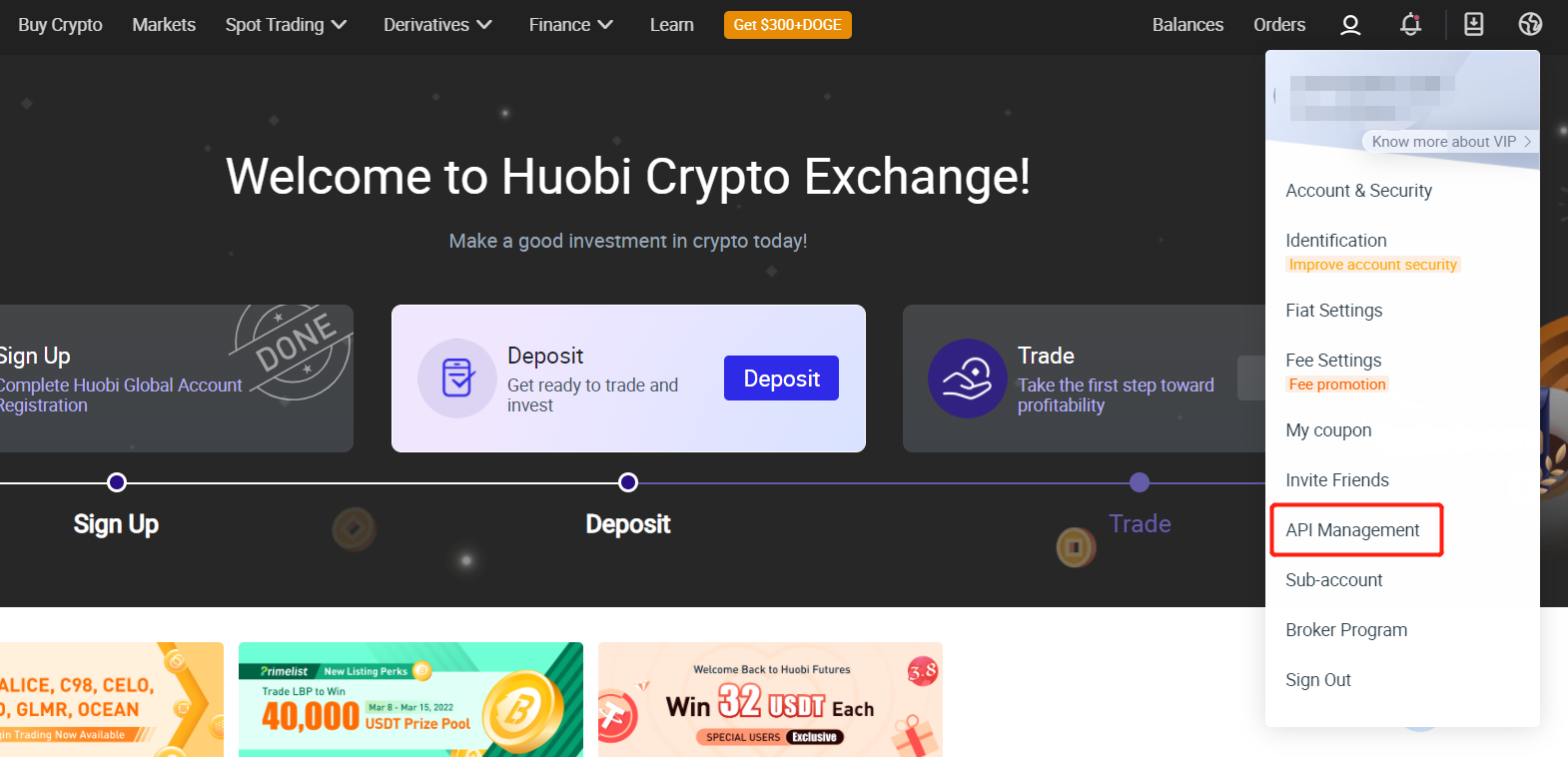 Generate API key and secret key (take Huobi as an example)