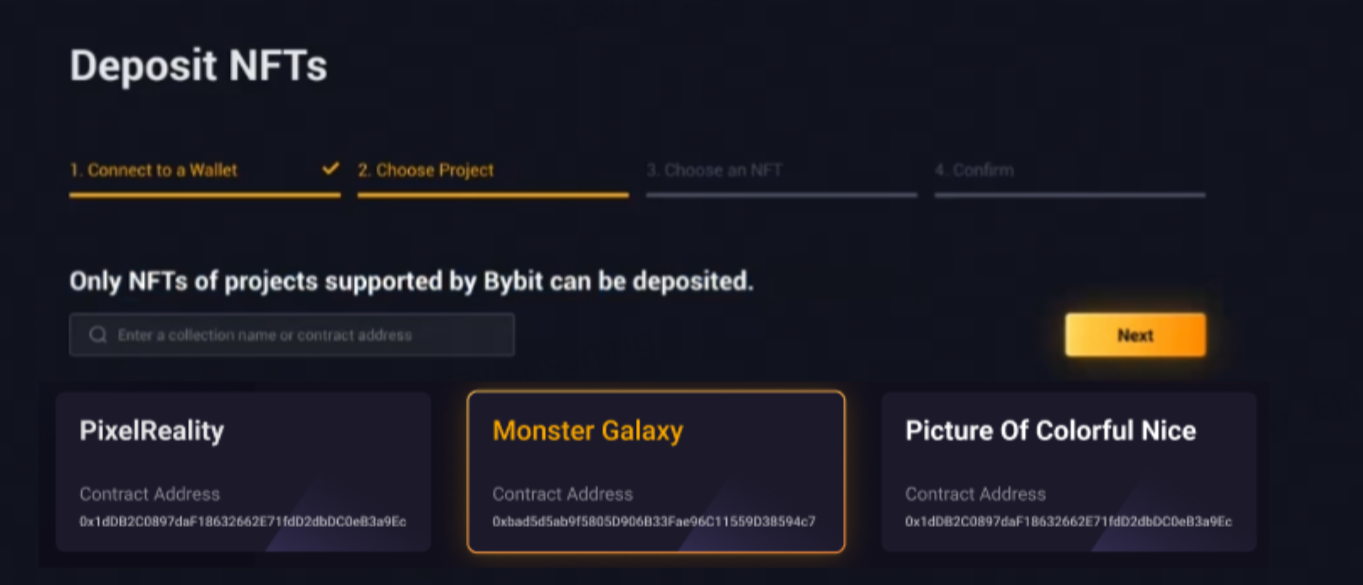 After the wallet is successfully bound, select the NFT project you want to deposit