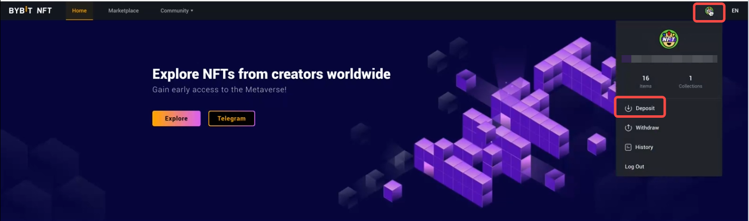 click Deposit in the drop-down menu to enter the NFT deposit page.