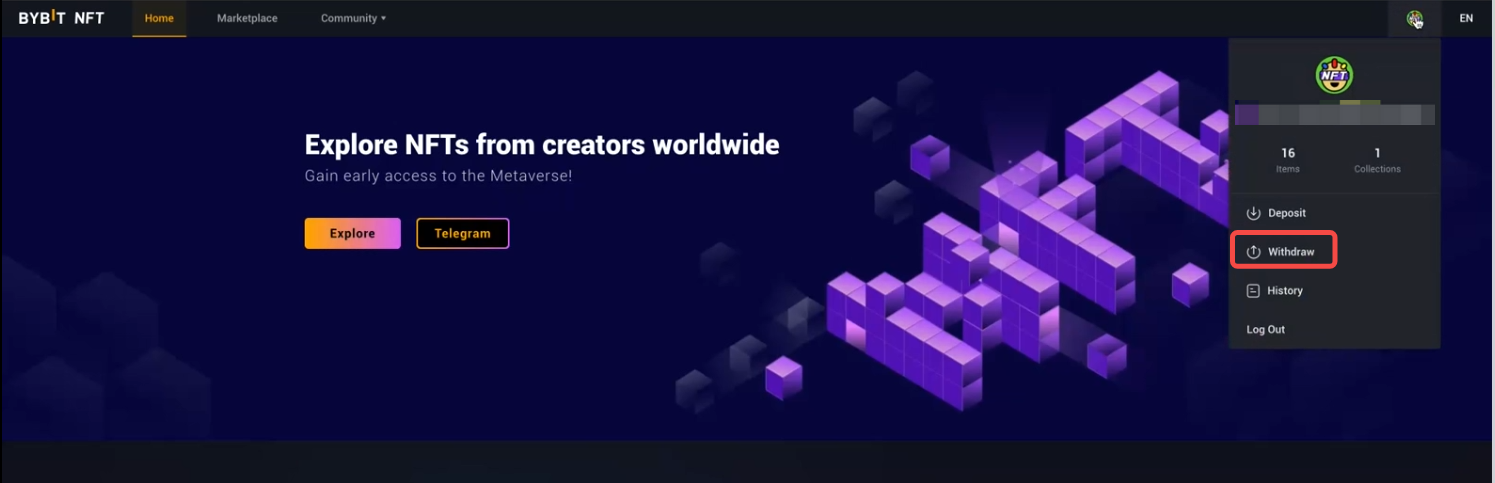 click Withdraw in the drop-down menu to enter the NFT withdrawal page