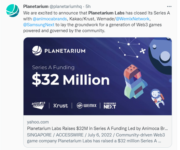 Web3 Game Planetarium Raises $32M