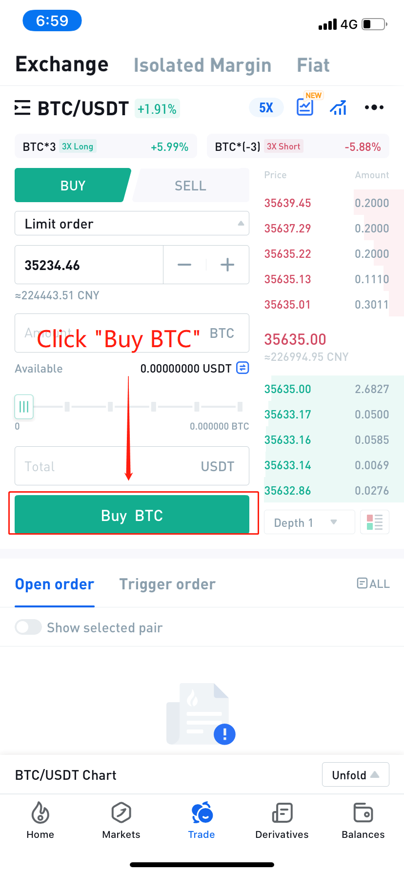 6. Click Buy BTC and wait for the trade to be processed.