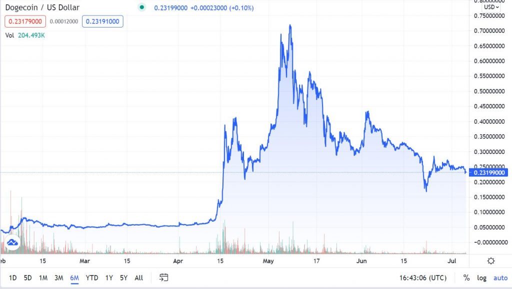 Dogecoin price from Jan 6, 2021 to Jul 6, 2021