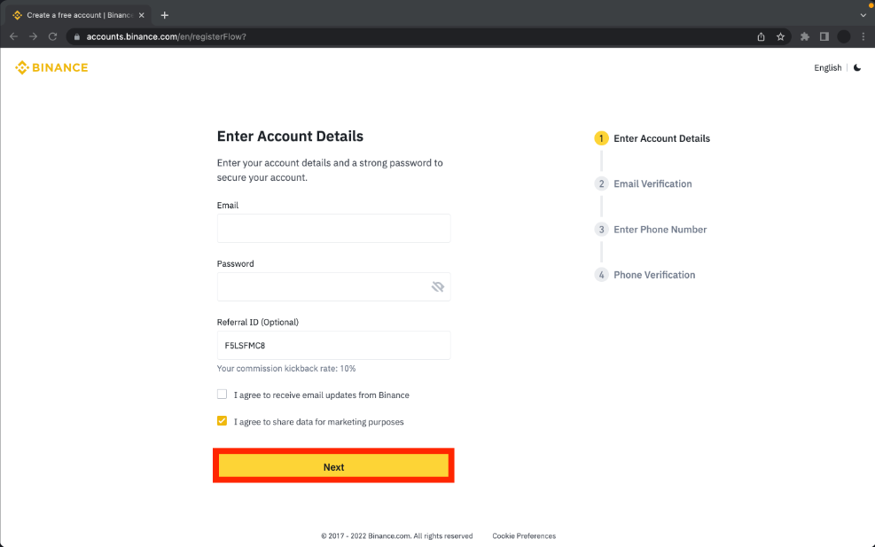 Enter the [Email Address] , create a strong [Password] for your Binance account