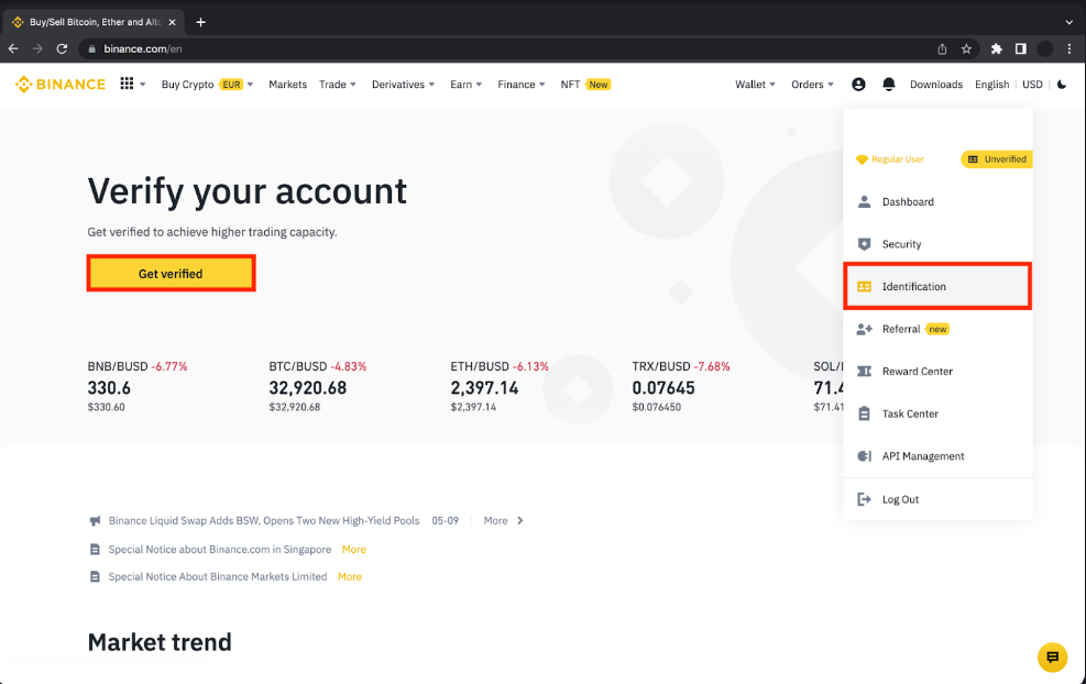 Log in to Binance , click [Profile] - [Authentication].