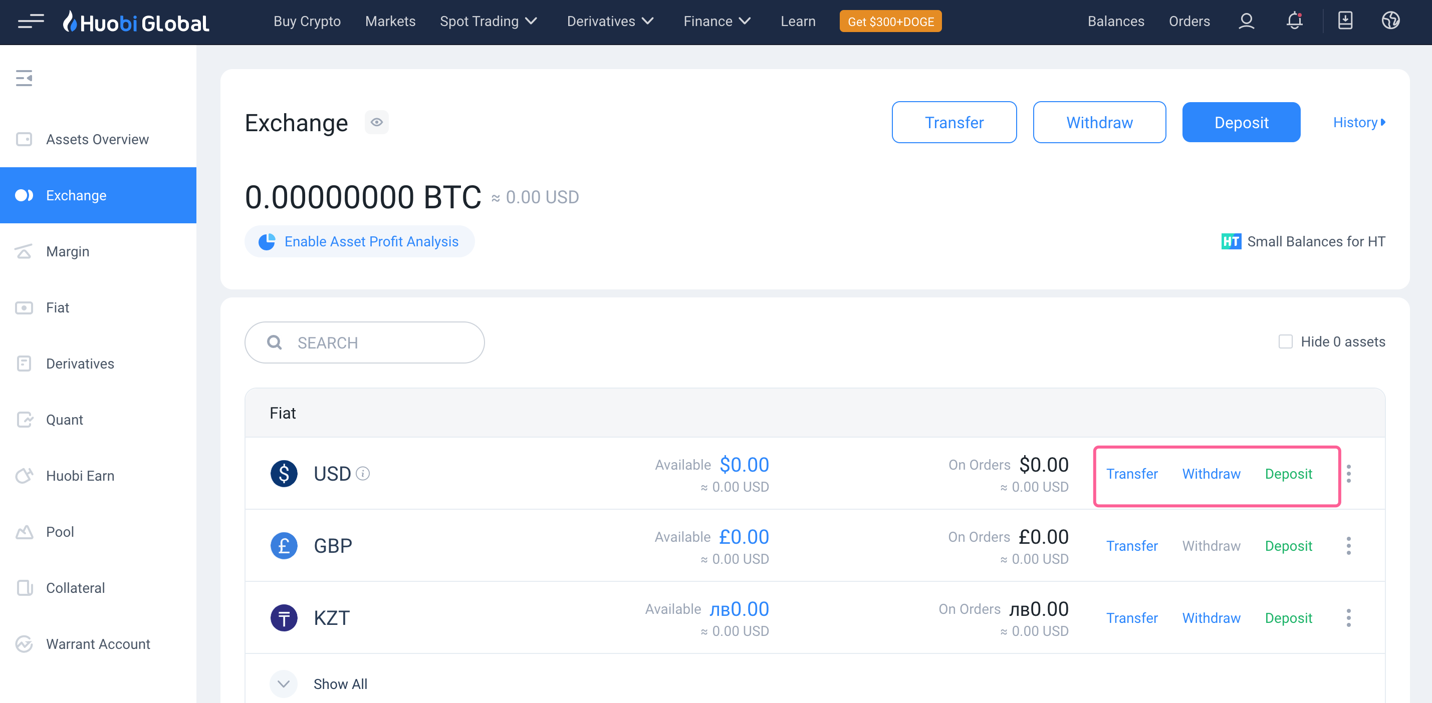 Step 3 Click Deposit next to USD balances. Please make sure you have completed the KYC forehead.