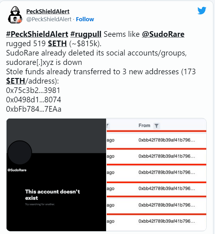 SudoRare scam steals 519 ETH