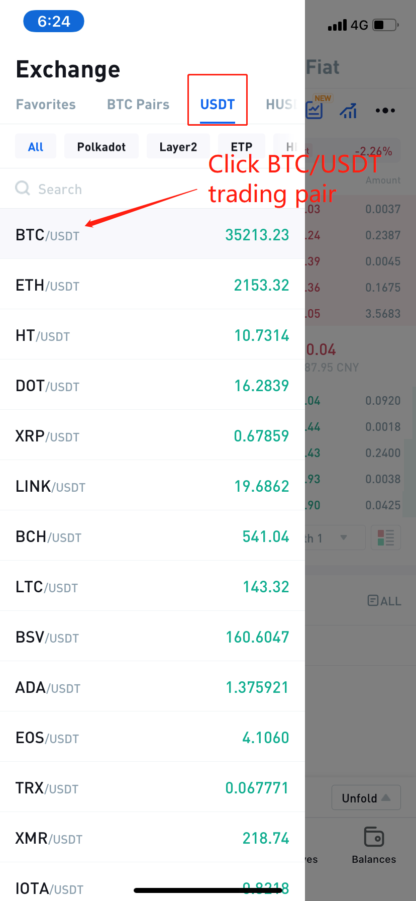 click on btc usdt trading pair to start trading