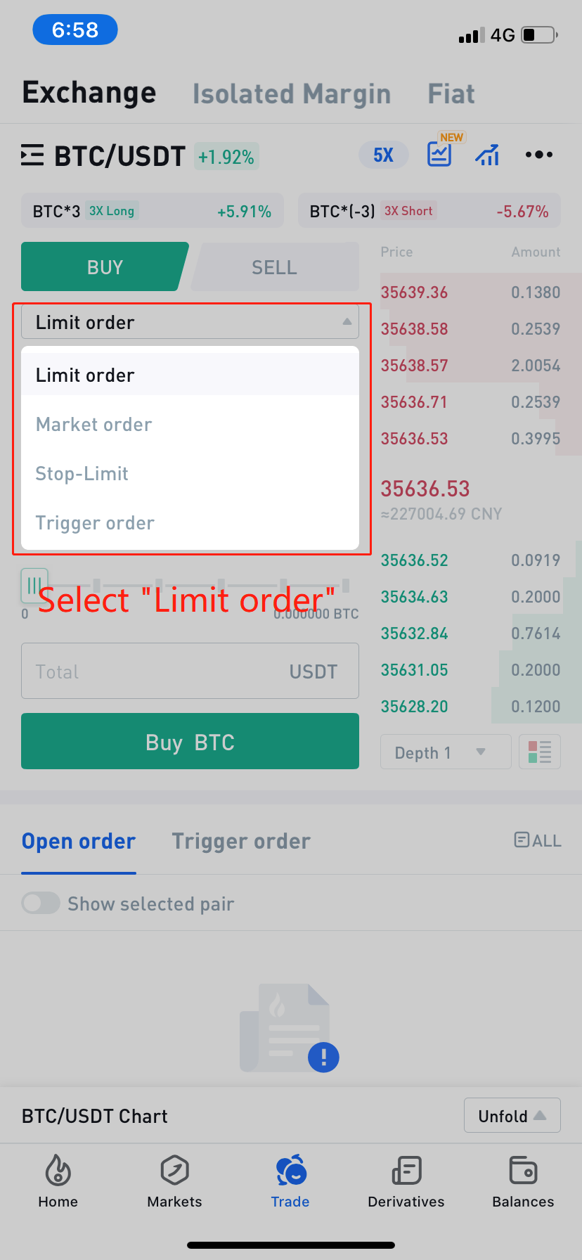 selecting limit order on huobi mobile app