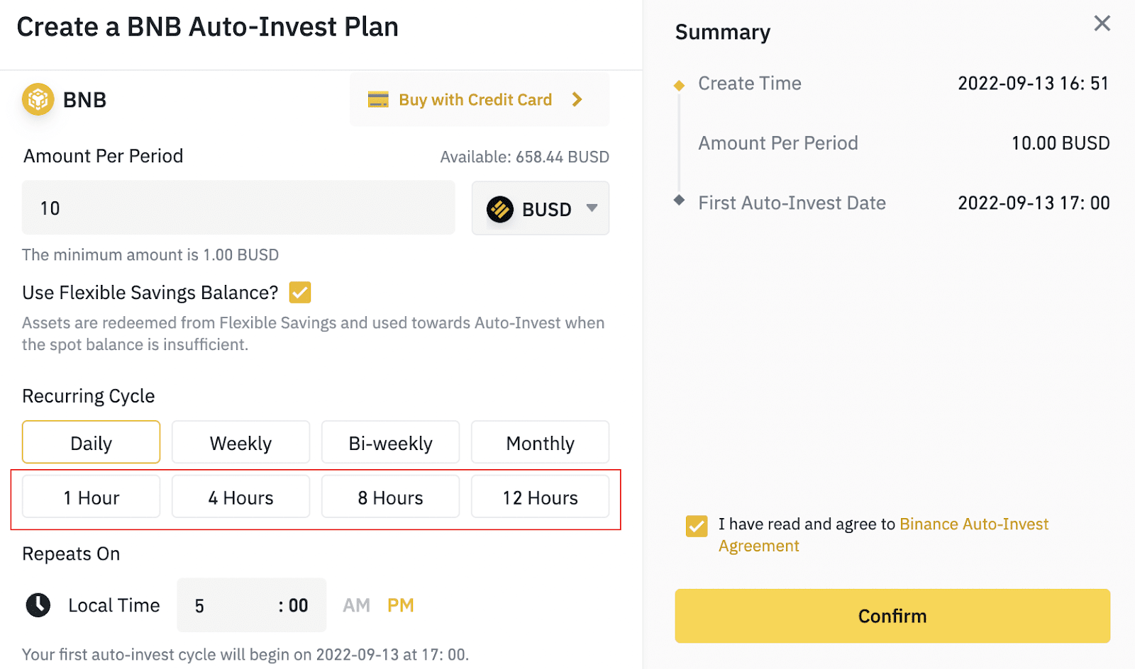 complete crypto purchases using any of the available hourly plans on Auto-Invest