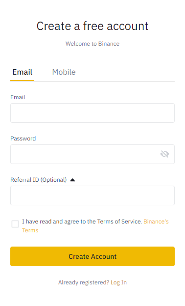 create a free account with binance