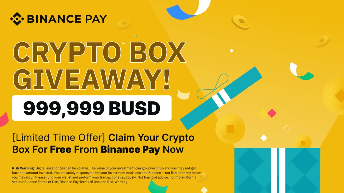 Binance Pay will Crypto Box Giveaway worth of 999,999 BUSD. Claim your Crypto box for free.