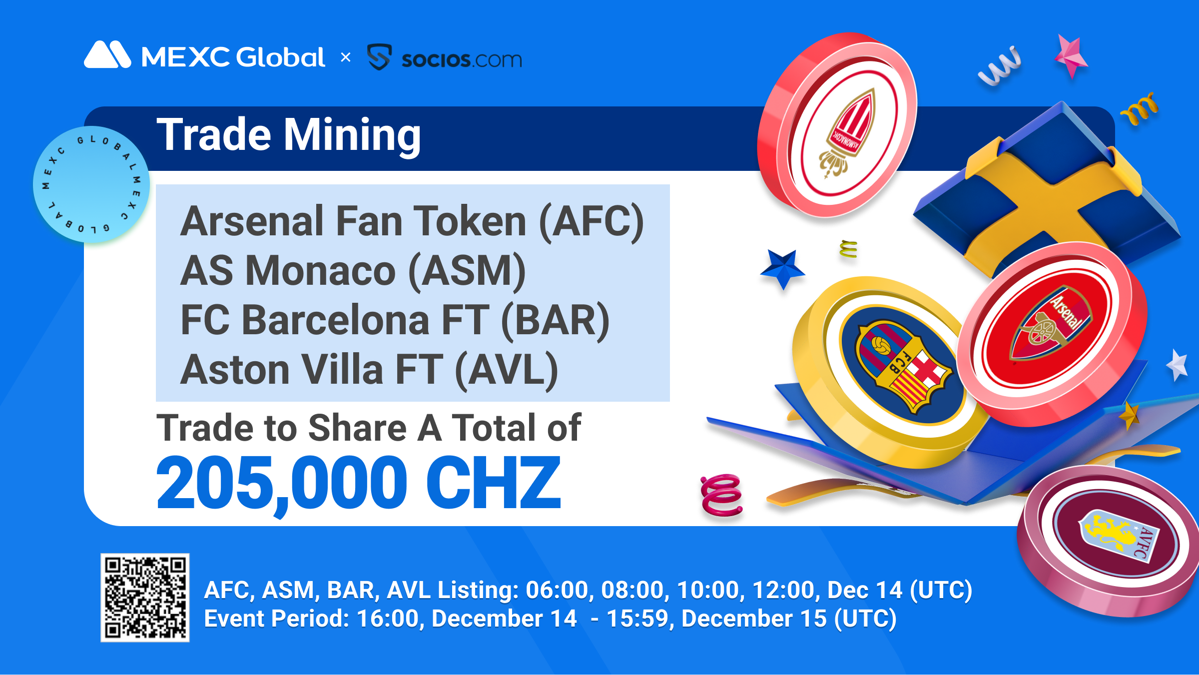 [World Series of Chiliz Fan Tokens] Round 1: MEXC Will List AFC, ASM, BAR, AVL and Launch the Trade Mining Event!
