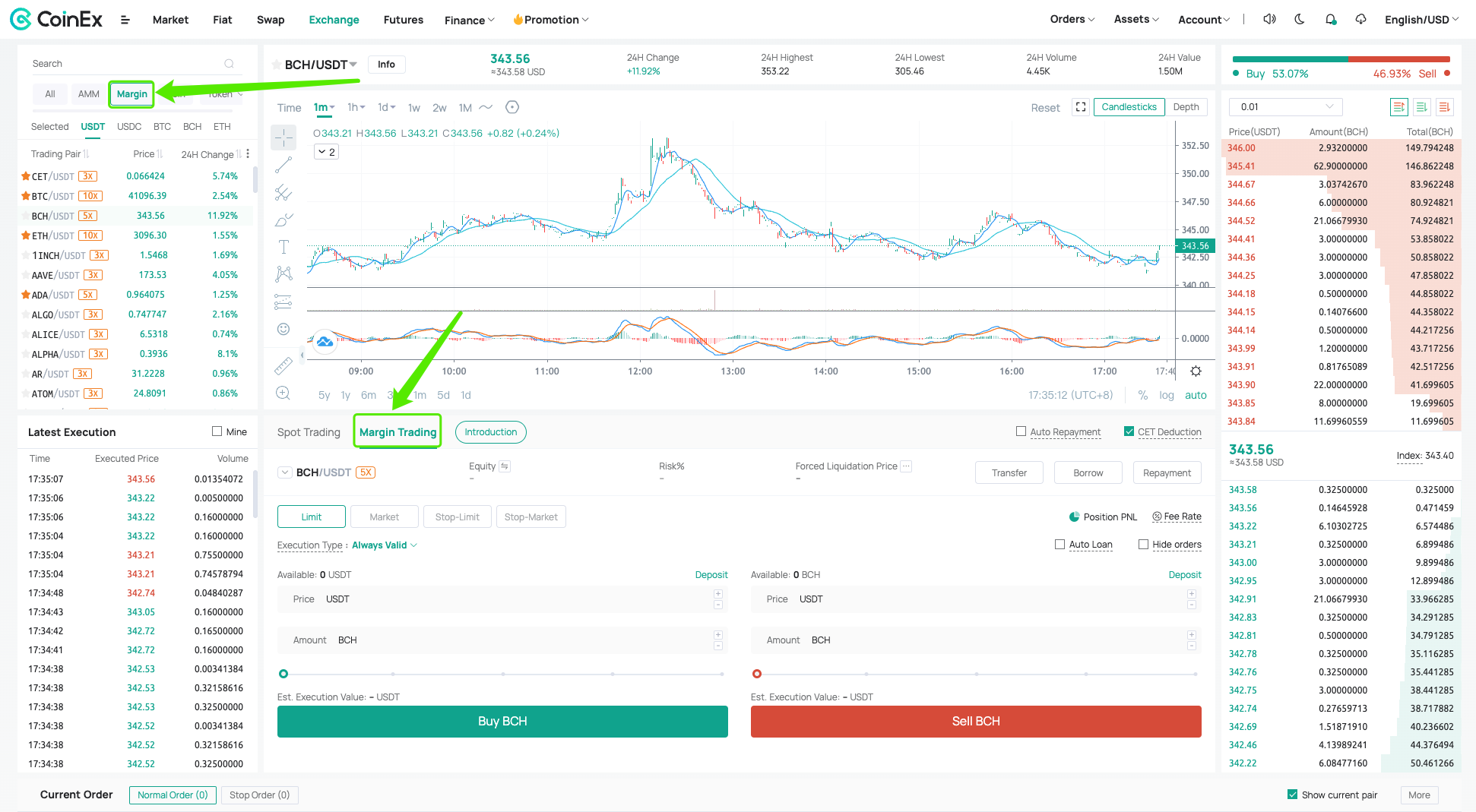 2. Tick the [Margin] option in the market display area to check and select trading pairs supported, click [Margin Trading] in the market selection area.