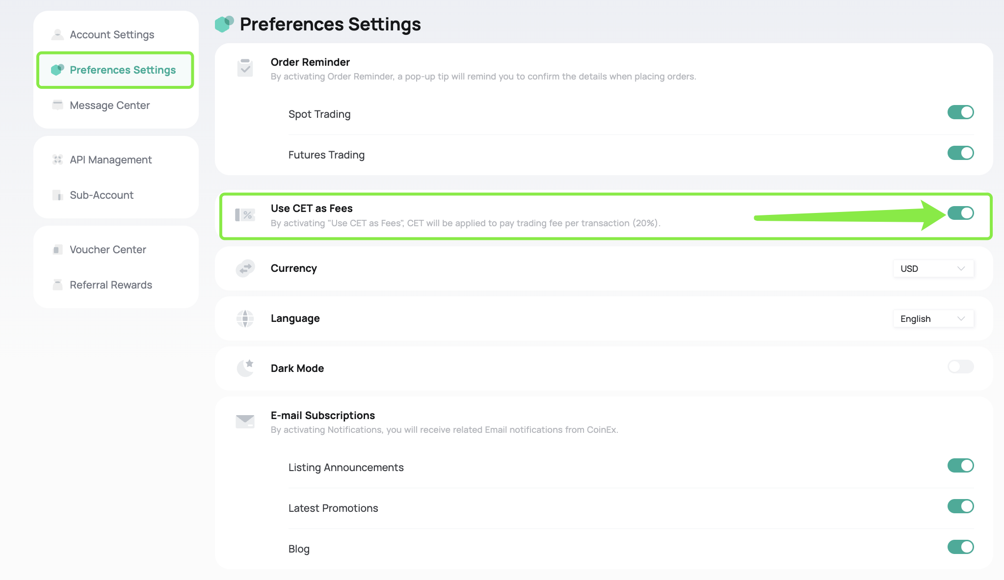 Enable [Use CET as Fees] on the Preferences Settings page.