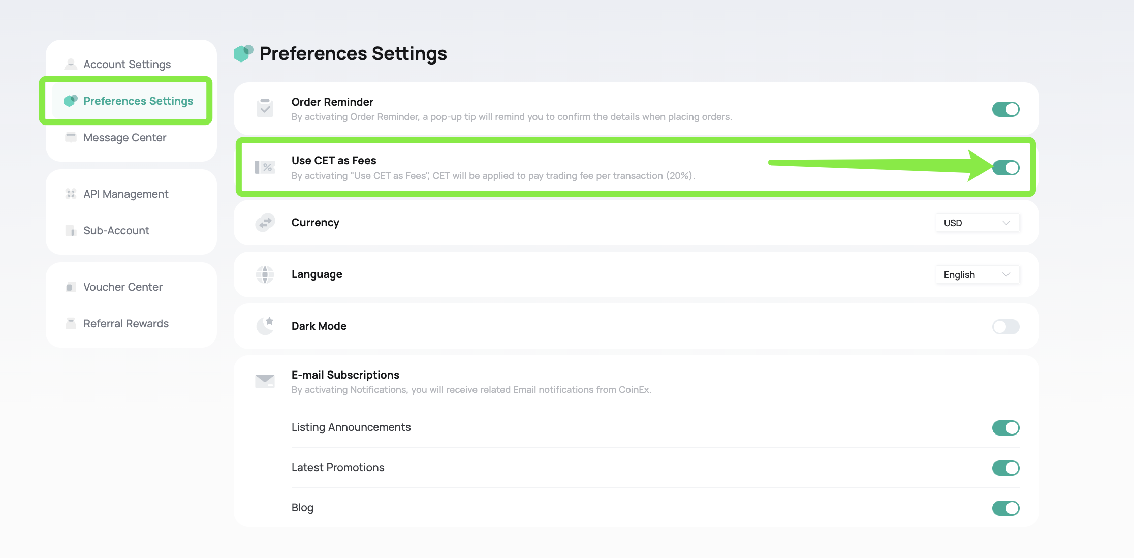 Enable [Use CET as Fees] on the Preferences Settings page