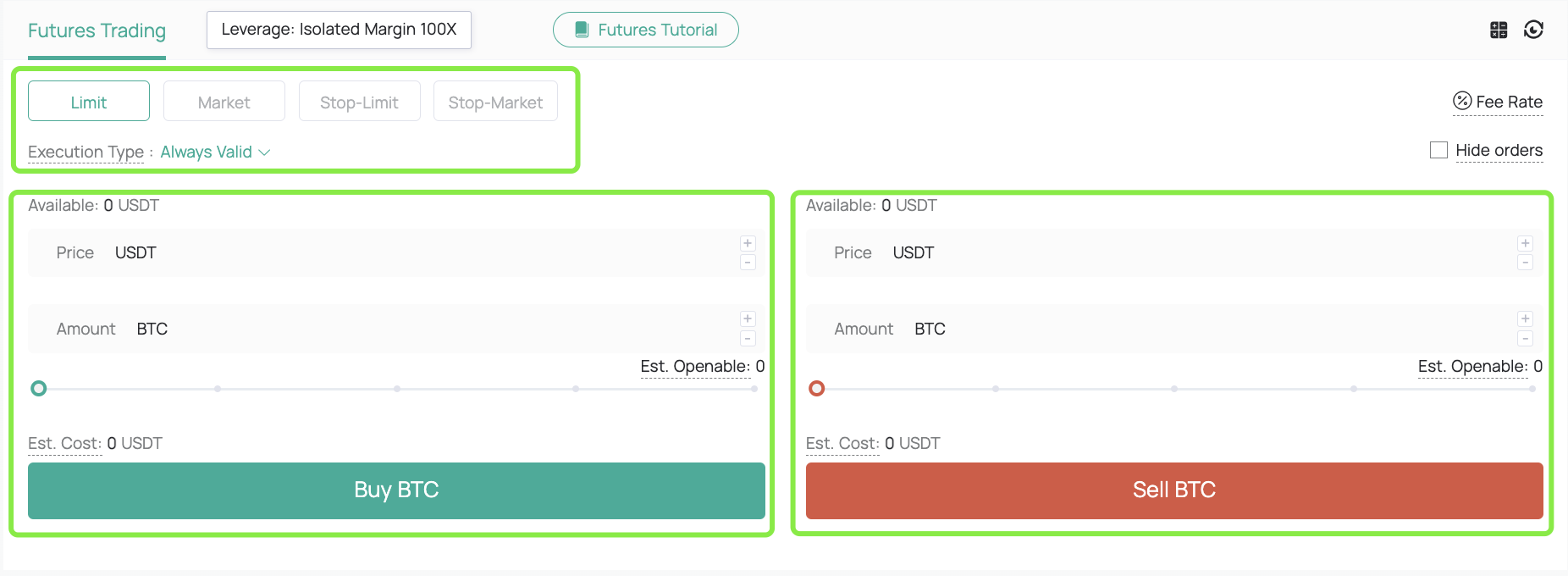 Select Buy or Sell, order type, set the price and amount, and then you can submit the order.