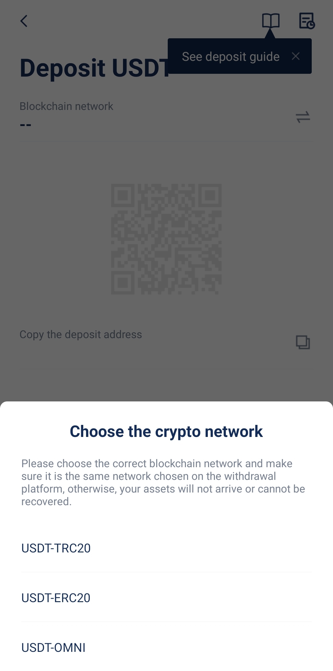 Select the crypto you want to deposit. USDT will be used as an example here for demonstration.