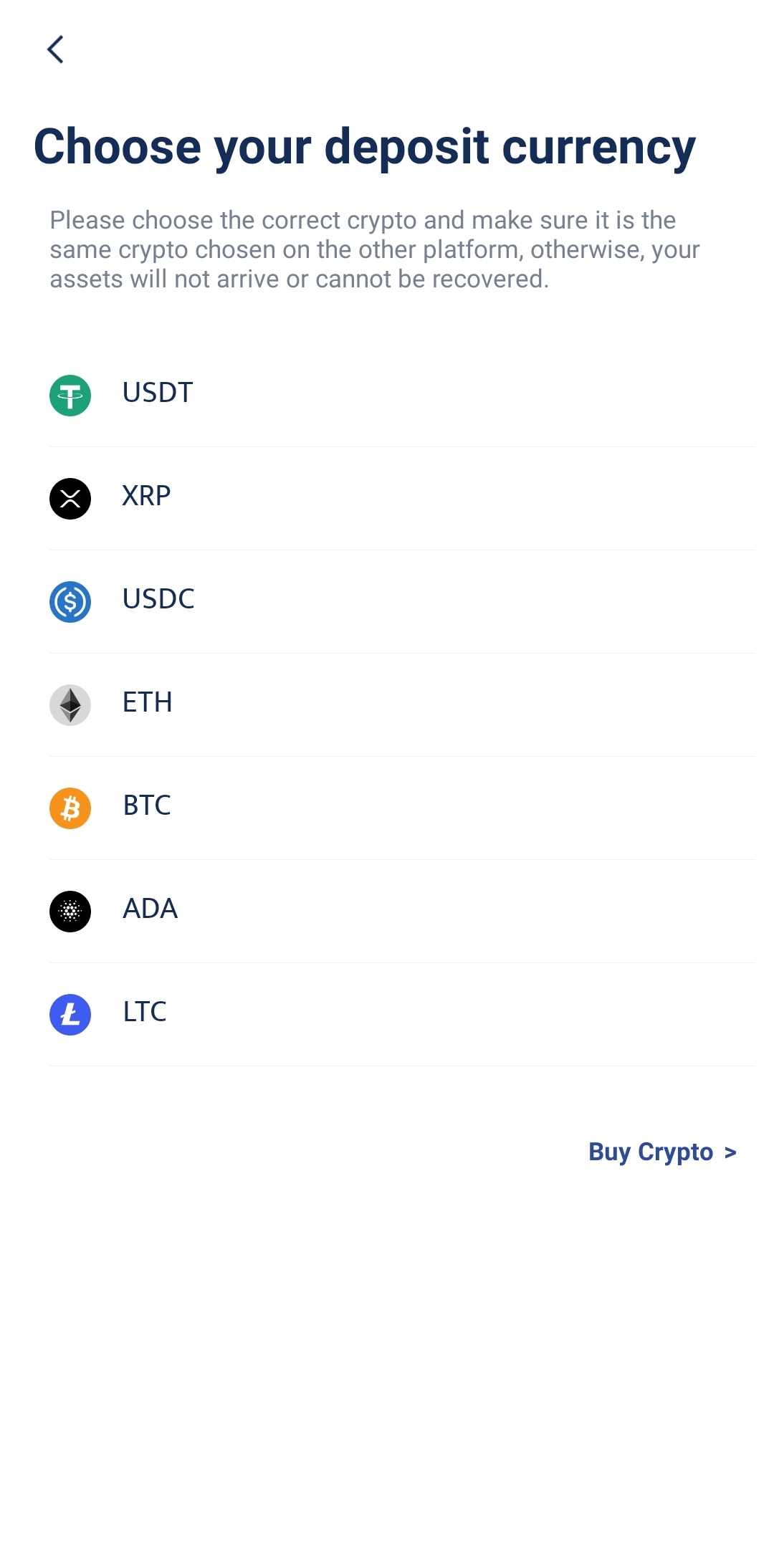 Select the network of the crypto you are depositing.