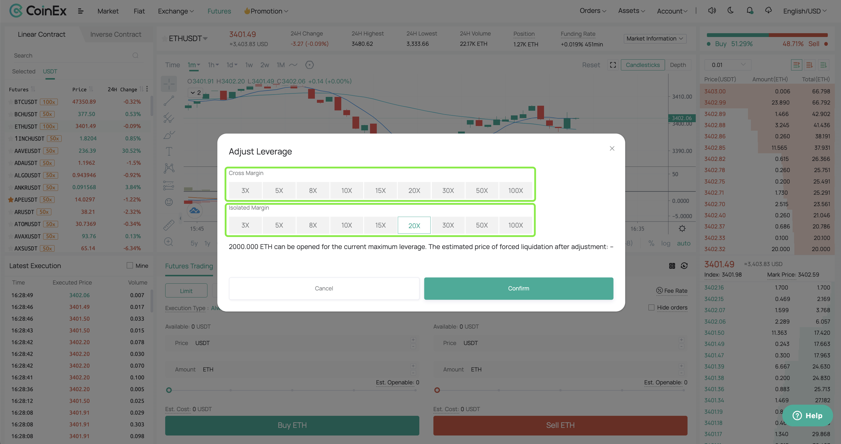 Set the margin mode and the leverage.