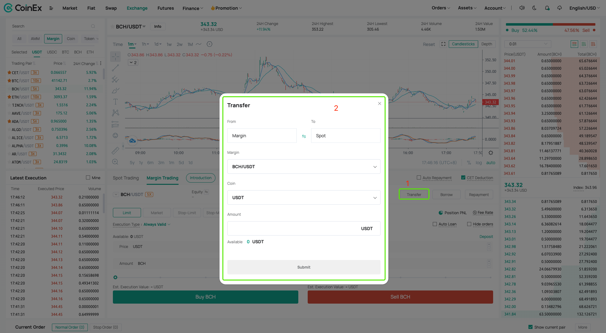 Transfer margin assets to spot account