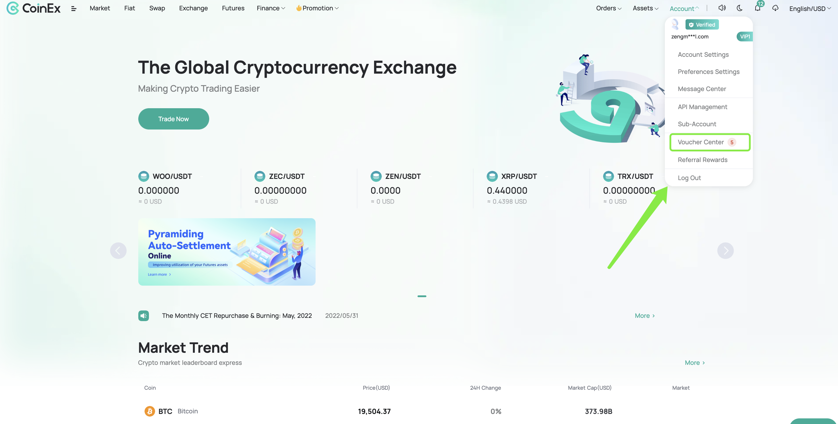 coinex click [Voucher Center] in the drop-down menu under [Account].