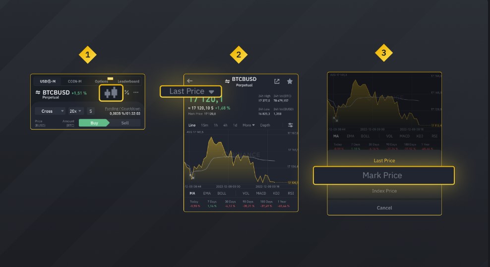 switch from the last price to the mark price, or switch from the mark price to the last price through the Binance Mobile App