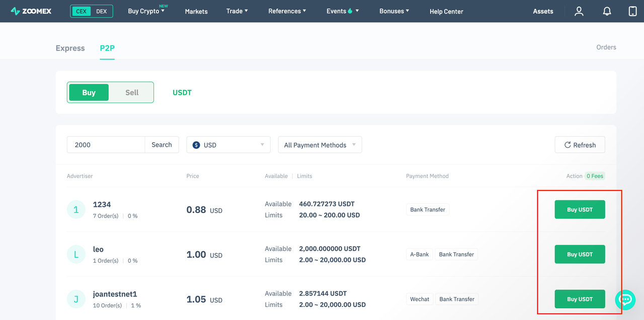 Select advertisement of your choice and click Buy USDT