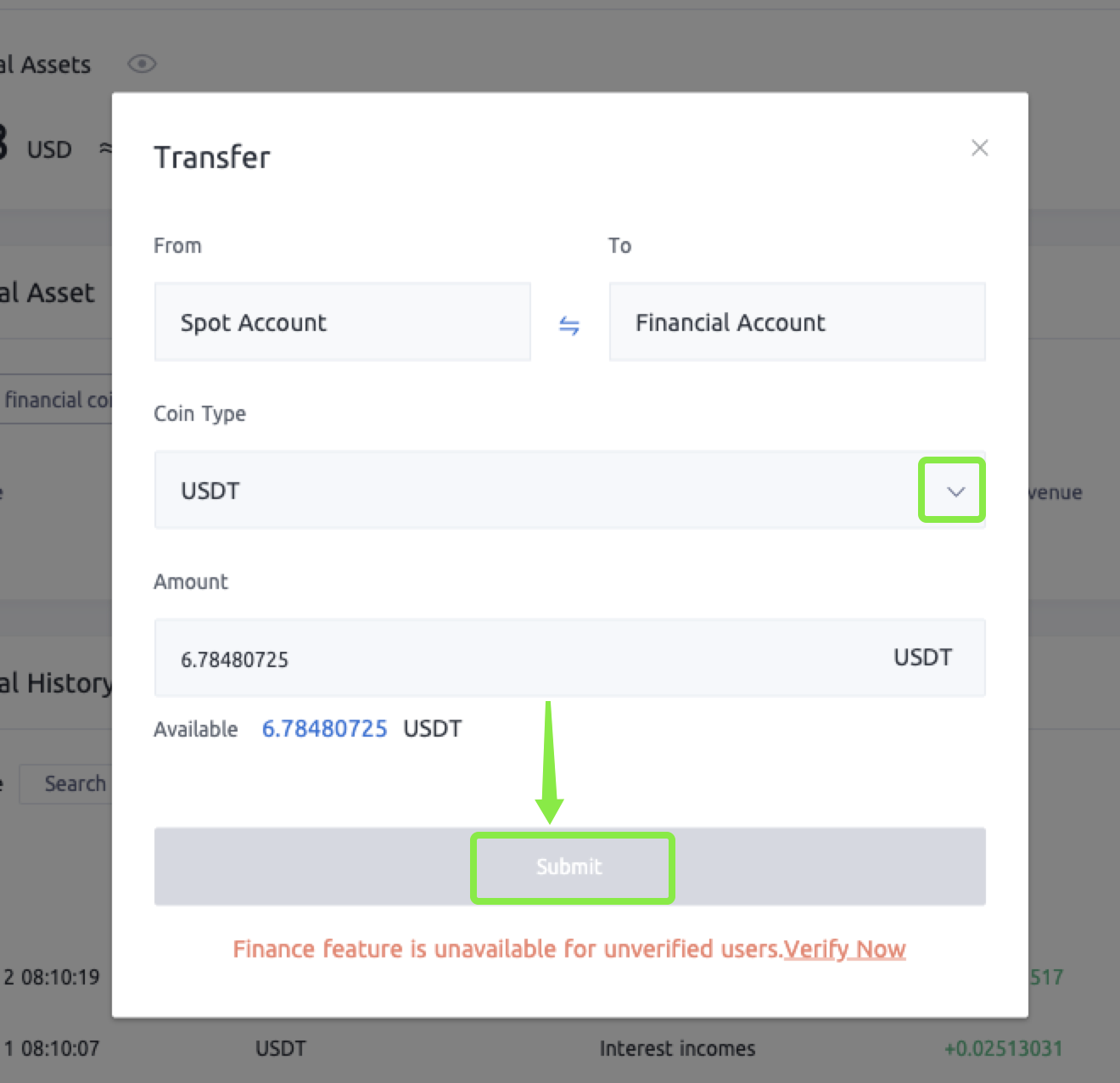 coinex Select [From Spot Account to Financial Account]