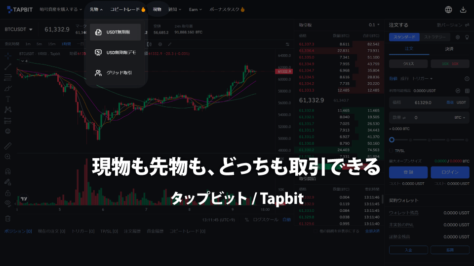 仮想通貨取引所 Tapbit（タップビット）ではビットコインなどの仮想通貨の現物取引と先物取引ができます。