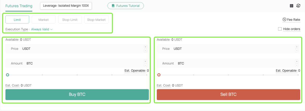 If you believe that the BTC price will rise, you could buy long by entering the Price and Amount