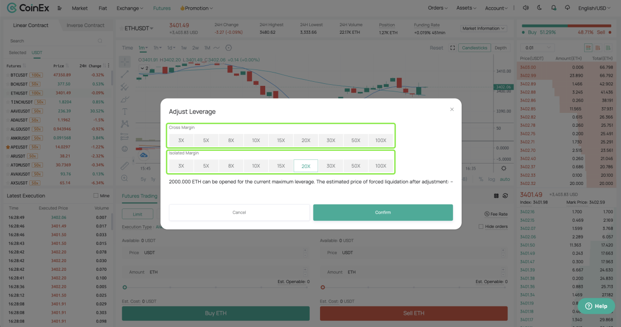 Set the margin mode and the leverage, and click on [Confirm];