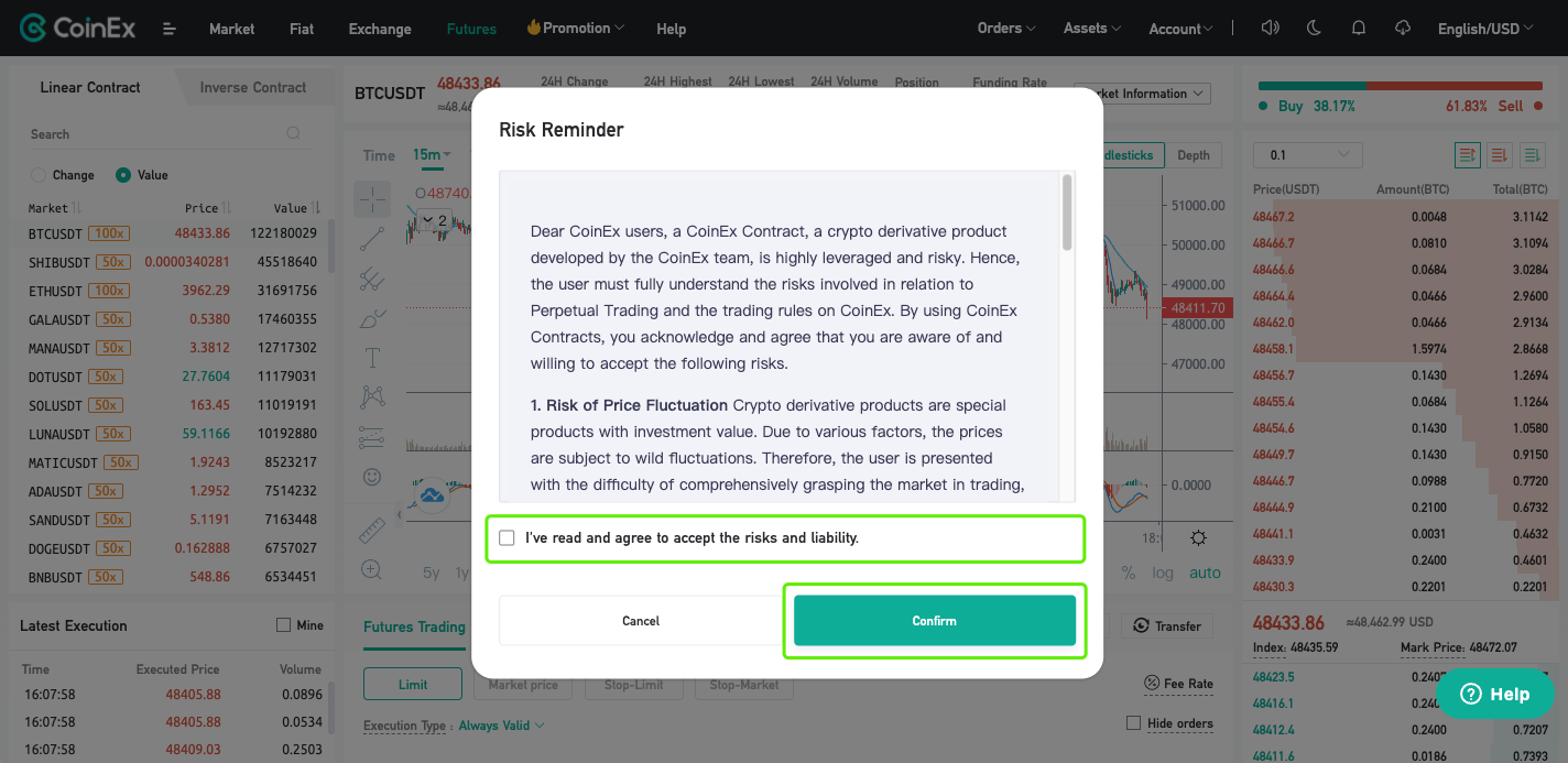 coinex read carefully [Risk Reminder], tick [I have read and agree to accept the risks and liability.]