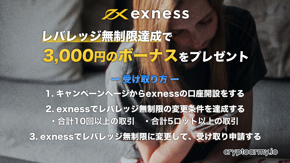 exness（エクスネス）のレバレッジ無制限達成で、3,000円のボーナスをプレゼント