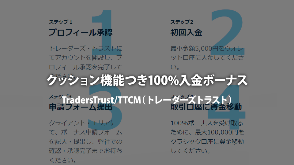 海外FX業者 TradersTrust/TTCM（トレーダーズトラスト）のクッション機能つき100%入金ボーナスの受け取り方です。